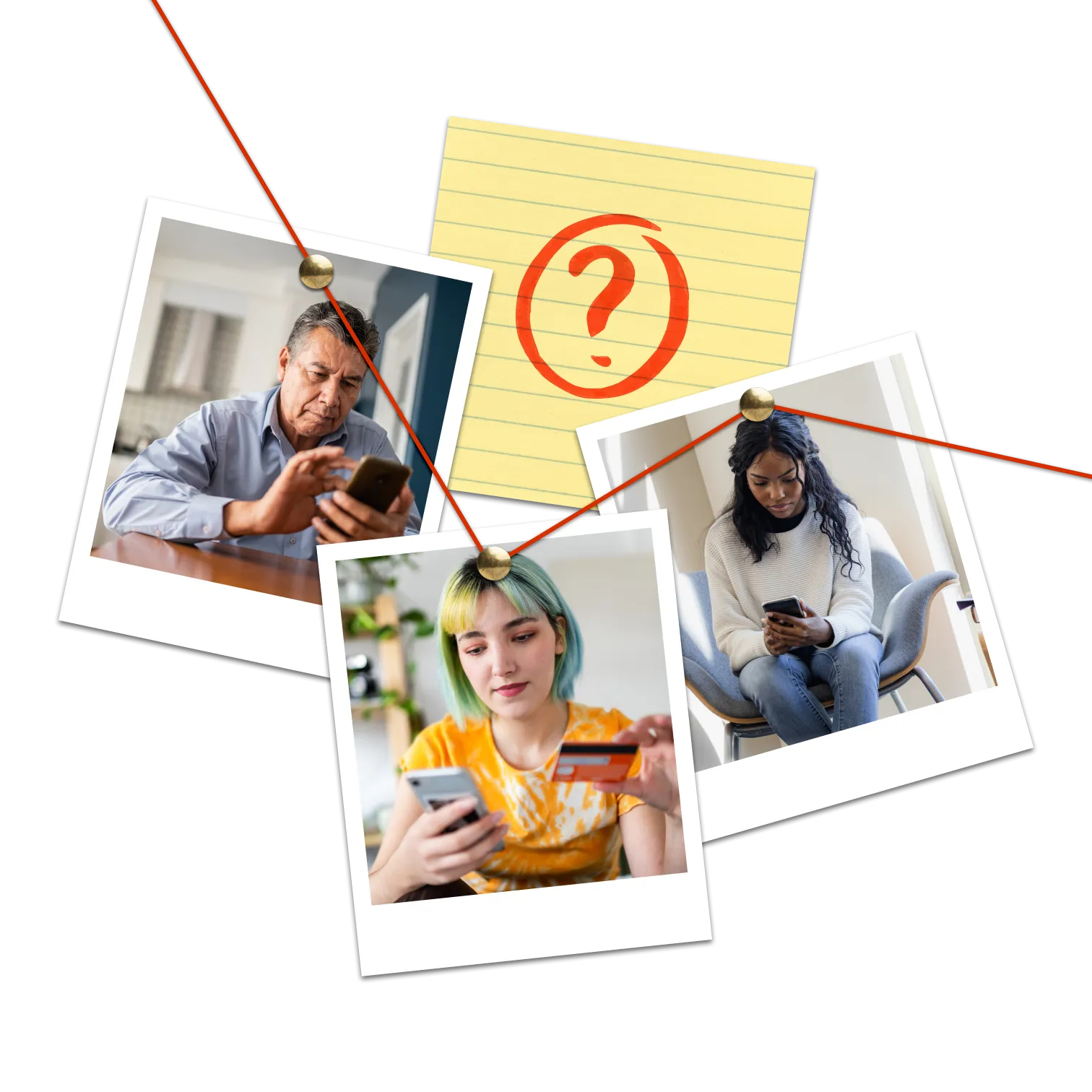 Collage of photos of people using their phones, a post-it note, pins, and string
